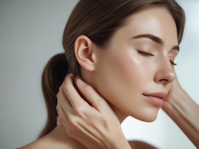 person experiencing early migraine symptoms with neck pain