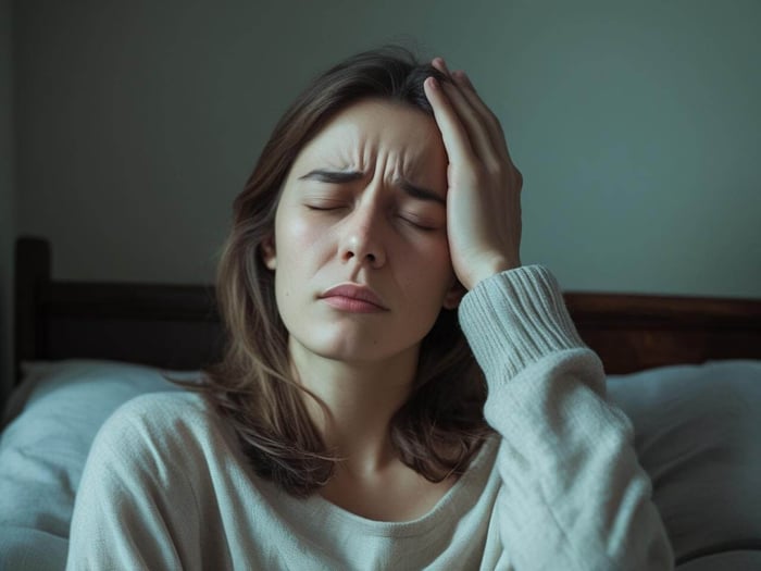 Woman sitting in bed holding head with eyes closed.