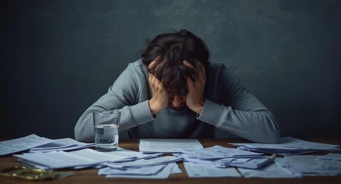 Person struggling with refractory migraine at desk with head in hands