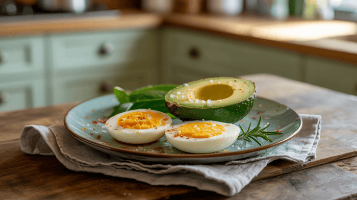 Pasture-raised eggs with avocado on a plate