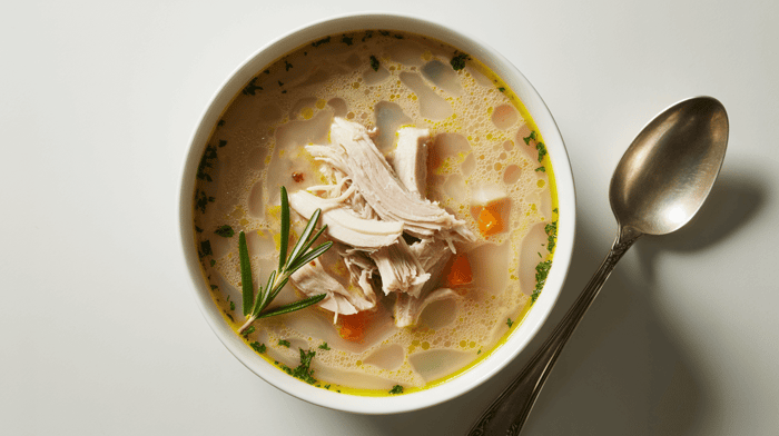 Bone broth soup with turkey, carrots, and parsley in a bowl