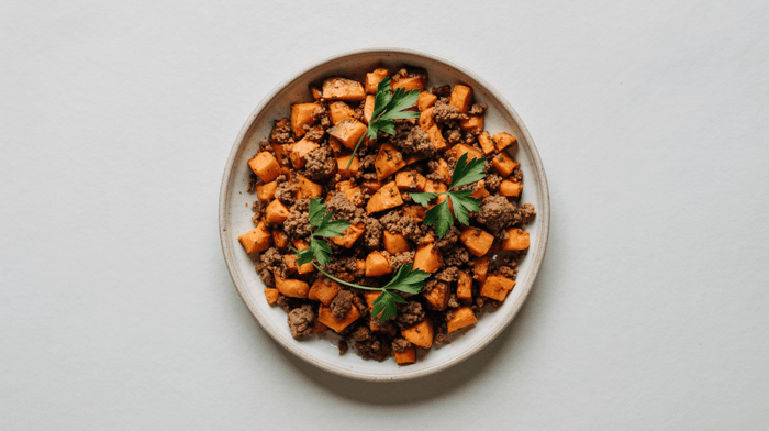 Sweet potato and ground lamb hash with carrots
