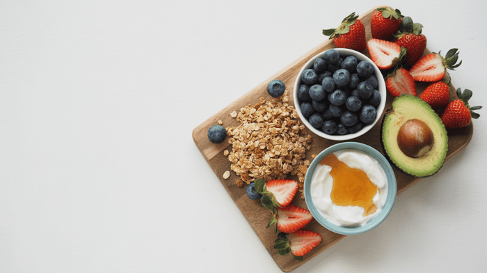 Wooden board with a selection of migraine-friendly breakfast ingredients