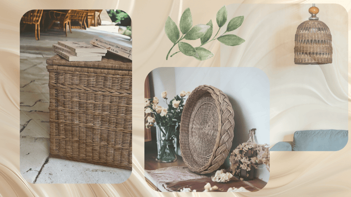Handwoven craft wicker home pieces — tray, pendant light, and storage basket