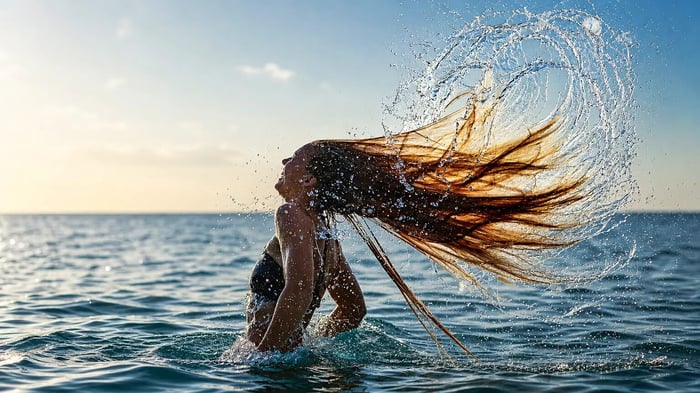bikini pose hair flick motion model wearing summer bikini