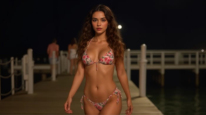 Close-up of a woman wearing a light pink floral bikini outdoors, showcasing swimwear fit and style tips for online shopping.