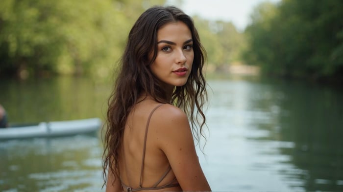 Woman wearing a brown bikini by a tranquil lake, modeling the latest in Summer Swimwear.