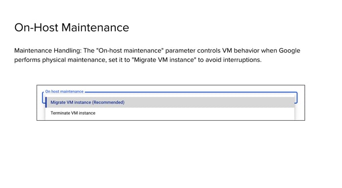 Screenshot of Google Cloud settings for on-host maintenance, showing 'Migrate VM instance (Recommended)' selected over 'Terminate VM instance'.