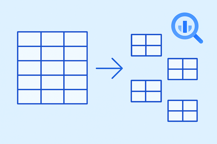 Illustration of a large table splitting into smaller tables, with a BigQuery logo on a light blue background.
