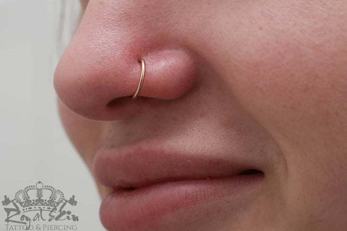 Nostril Piercing mit goldenem Segmentring Clicker gestochen im ROYALSKIN Berlin Piercing Studio