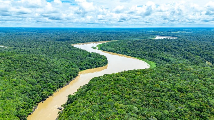 Aerial view showcasing a brown river flowing through dense green foliage under a partly cloudy sky in Guaviare, Colombia
