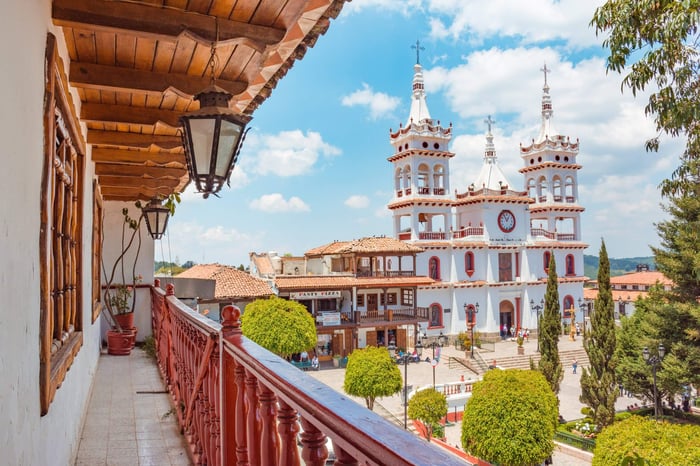 Beautiful Church of San Cristobal seen from a balcony at Mazamitla town in Jalisco, Mexico