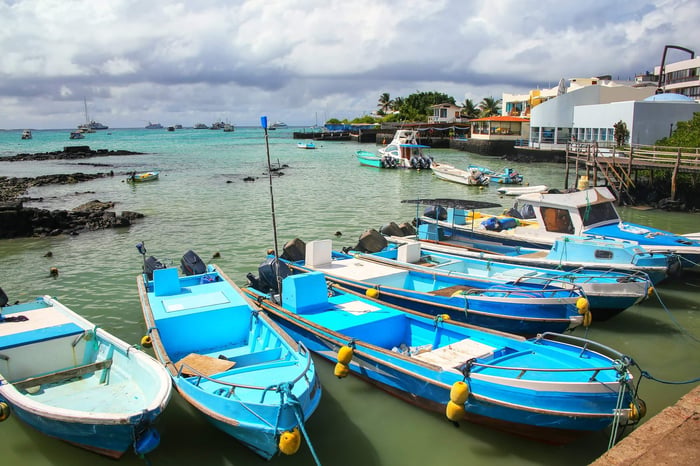 Boats anchored at Puerto Ayora on Santa Cruz Island, Galapagos National Park, Ecuador
