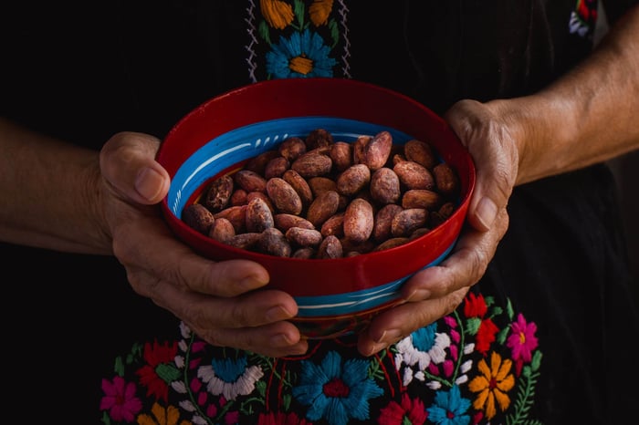 Cacao beans on a traditional colorful bowl from Oaxaca, Mexico