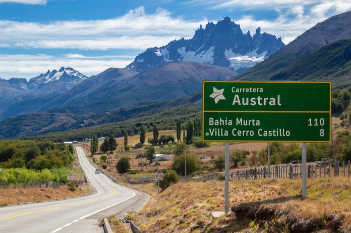 Cerro Castillo road sign on the Austral Highway in Chilean Patagonia