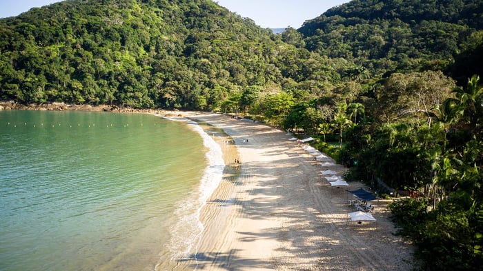 Domingas Dias Beach in Ubatuba, Brazil, showing clear water, preserved Atlantic forest