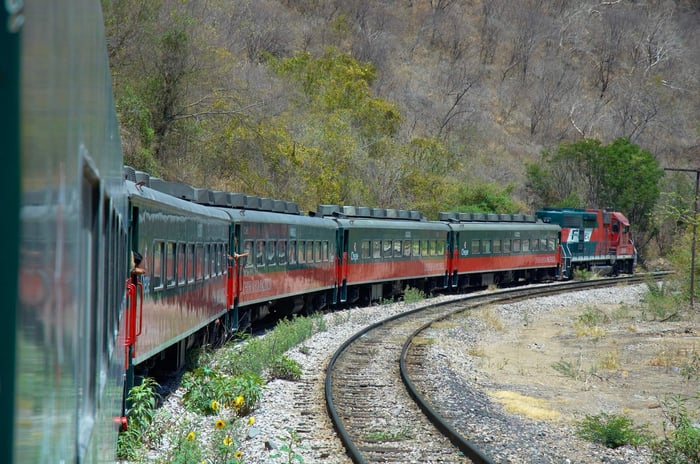 The El Chepe train travelling through Copper Canyon