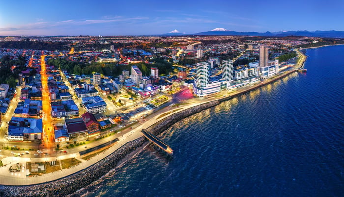 erial drone view of Puerto Montt at twilight