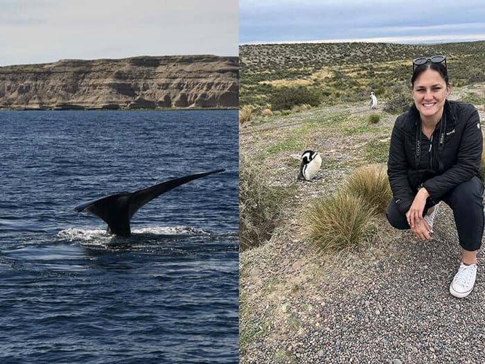 Catrin watching Southern Right Whales and taking pictures with friendly penguins in Peninsula Valdes