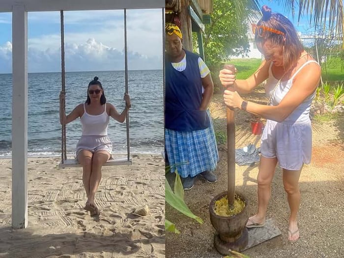 Laura on a beach swing and mashing plantain in Belize