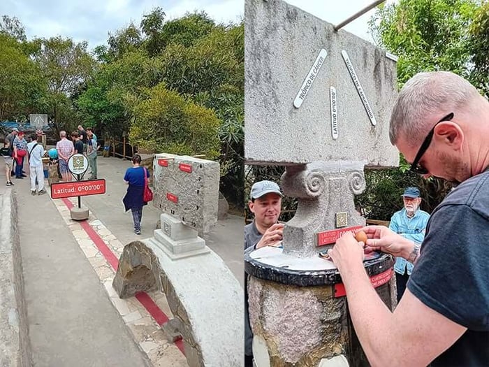 People trying to balance an egg on a nail head on the equator line at The Intiñan Museum near Quito