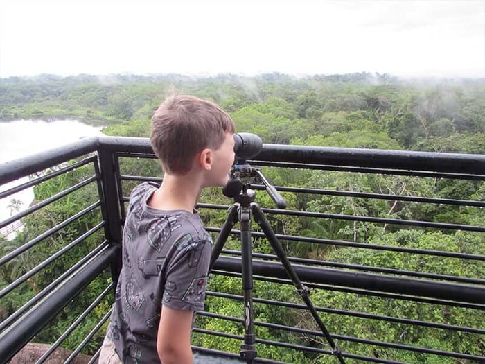 Hannah’s son observing the beautiful and diverse birds in the Amazon Rainforest