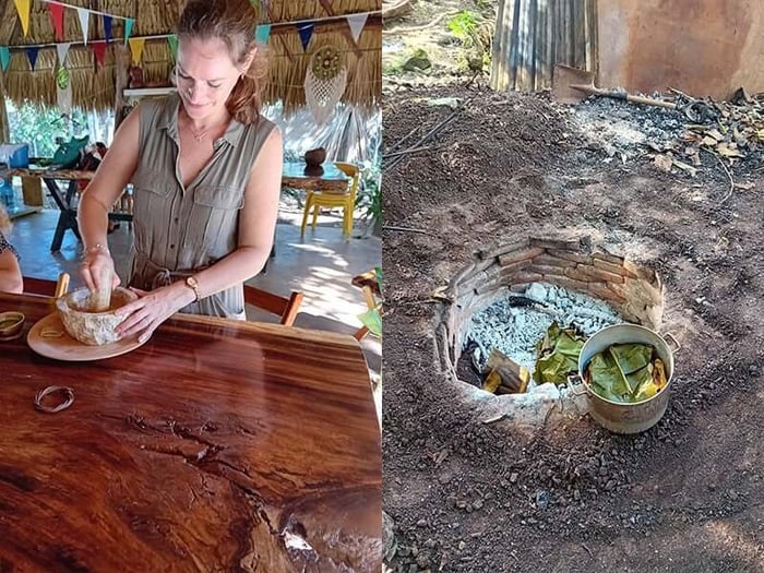 Hannah grinding spices for the recado blanco (left) and slow-cooking chicken in a pib (right)