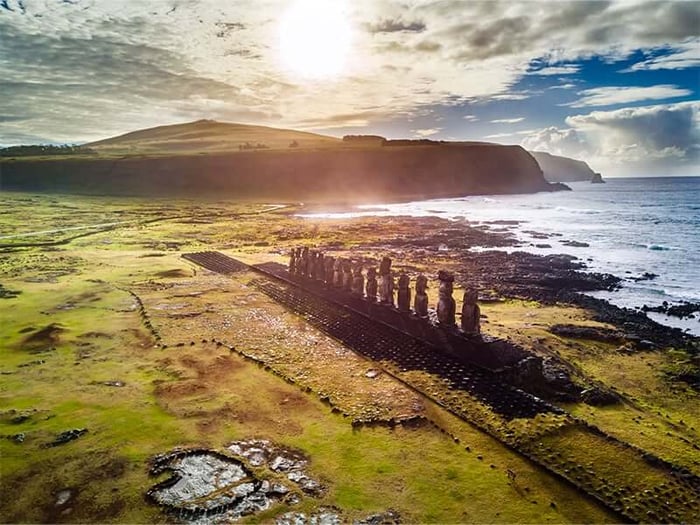 An aerial view over Ahu Tongariki, an Ahu platform on Easter Island