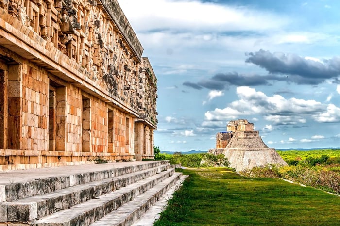 Governor's Palace and Magician's Pyramid in Uxmal Mexico