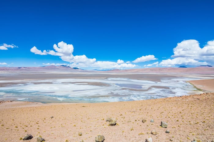 Landscape of Atacama Desert from Salar de Quisquiro (Quisquiro Salt Flat) at the Route of the Salt Flats - Atacama, Chile