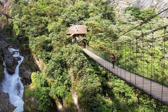 Pailon del Diablo - Mountain river and waterfall in the Andes. Banos. Ecuador
