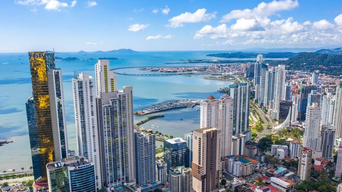 Panama City skyline infront of the blue sea