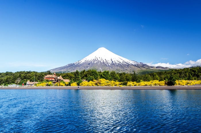 Volcano in the backdrop of the Chilean Lake District