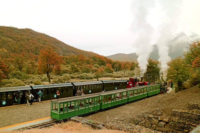 Passengers of "The End of the World Train" at Macarena Waterfall Station During the Excursion, Tierra del Fuego Province, Patagonia, Argentina
