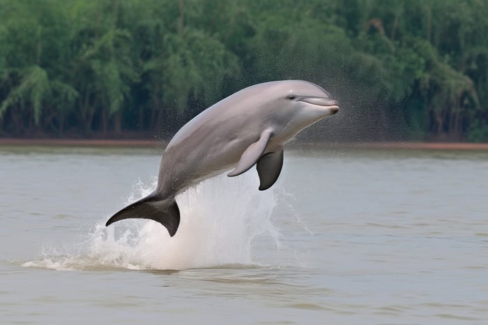 Dolphin in the river jumping out of the water
