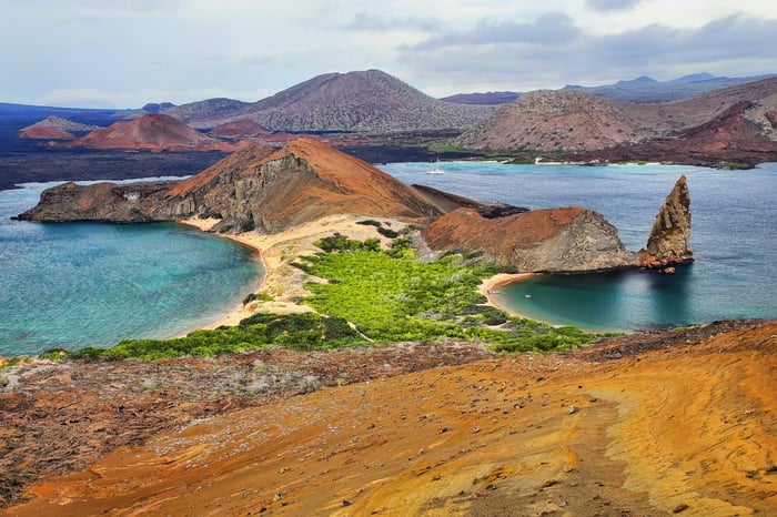 Pinnacle Rock on Bartolome island, Galapagos National Park, Ecuador.