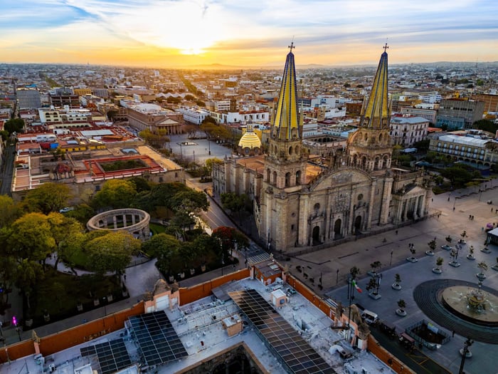 Sunrise aerial view of Guadalajara Cathedral and historic downtown