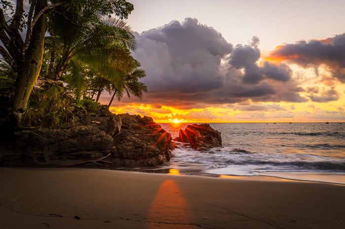 Sunset over a rocky beach in Costa Rica