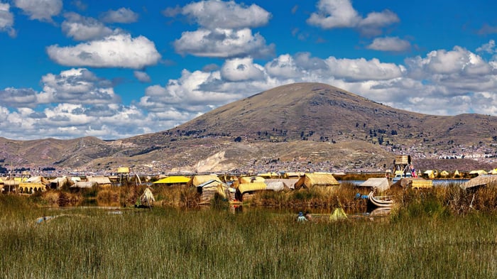 The floating island of the Uros at Lake Titicaca Peru