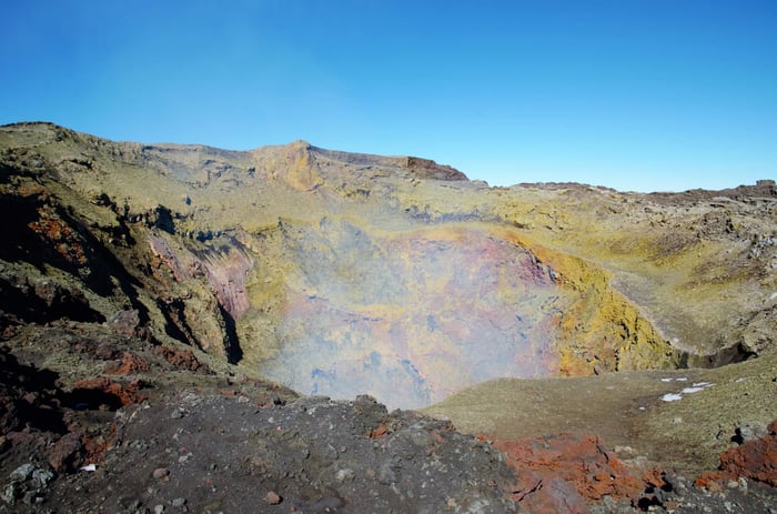 View into the crater of the volcano Villarrica close to Pucón in Chile, South America