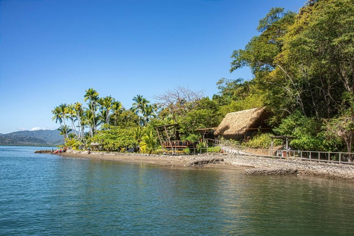 View of Isla Chiquita glamping resort, Isla Jesusita, Gulf of Nicoya, Costa Rica