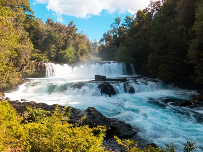 Waterfall of La Leona, in Huilo Huilo Biological Reserve, Los Ríos Region, southern Chile.