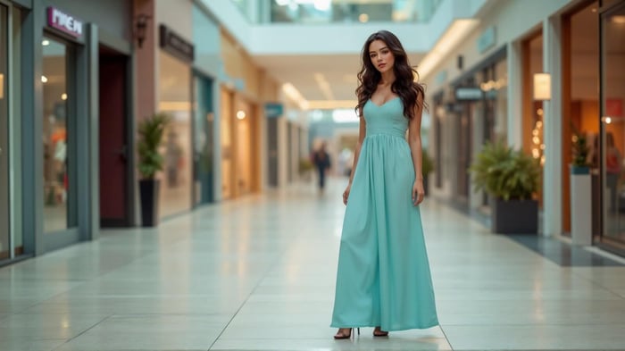Woman wearing a flowing blue maxi dress in an indoor shopping area, showcasing minimalist travel fashion and the versatility of maxi dresses