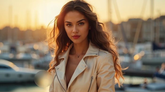 Buy Cream Coat Australia outfit styled at a marina with yachts, featuring a Santori cream coat over a black mini dress