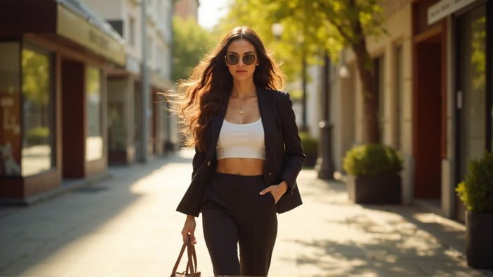 Woman wearing a tailored dark navy co-ord set with a cropped blazer and high-waisted trousers paired with a white crop top and brown leather handbag from Santori The Label