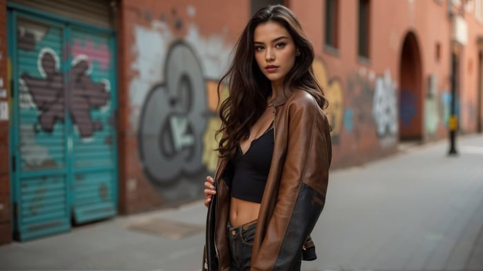 Confident young woman in an edgy urban setting wearing a black crop top layered under a two-tone leather jacket. A winter-ready fashion look that proves crop tops can work year-round