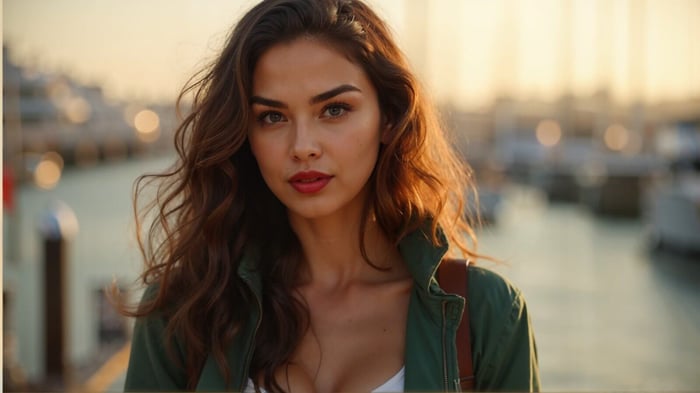 Green Jacket Australia styled at marina with yachts at sunset – chic Santori fashion outfit