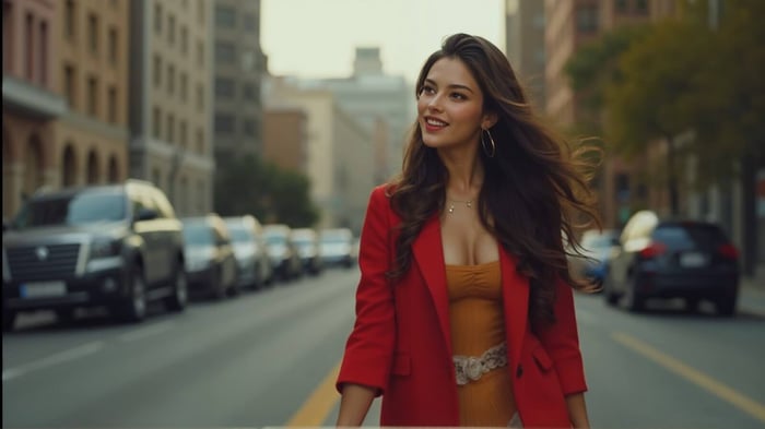 Fashionable woman in a dress walking through a busy urban street — showcasing Paris-inspired street style with Santori wardrobe staples