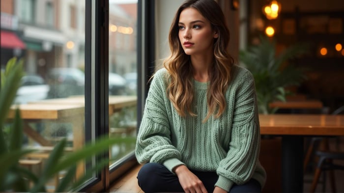 Cozy Meets Chic: The Sage Sweater Giving Main Character Energy – styled for Santori The Label’s 2025 editorial line, focusing on sage sweater.