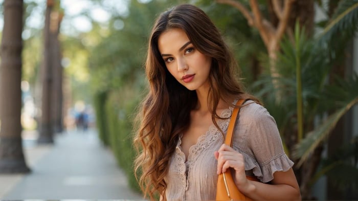 Woman wearing a light beige boho blouse with lace trim and ruffled sleeves, styled with a medium-sized orange-brown leather tote bag. A chic, romantic outfit perfect for everyday elegance.